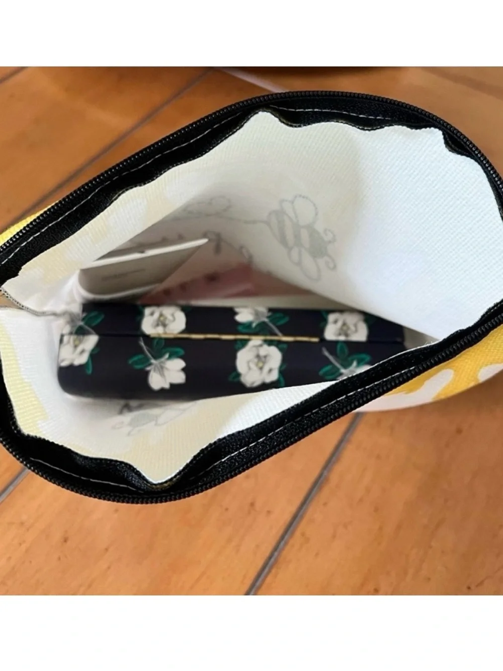 Bee 'Happy' Canvas Zipper Pouch - Yellow & White